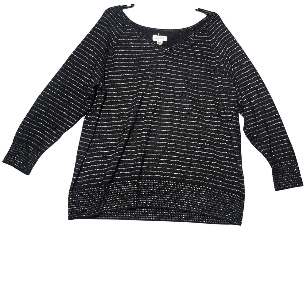 Avenue Plus Size 18/20 Black Silver Metallic Striped‎ V-Neck Pullover Sweater